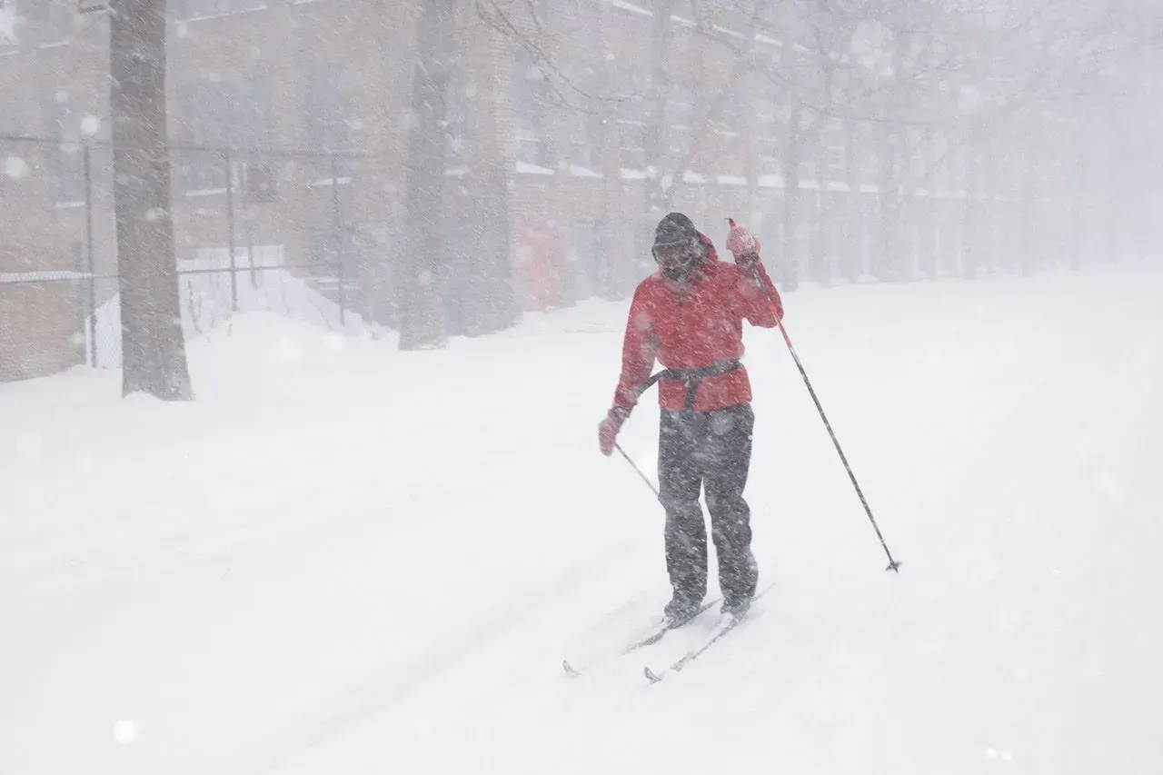 XC skier approaching Davis Square